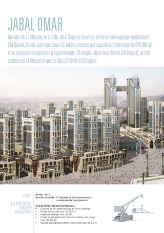Lieu :
La Mecque,
Arabie
Saoudite
Année : 2013
Nombre d'unités : 17 chariots de toit traversants et
4 systèmes de bras bossoirs
Caractéristiquestechniques :
•	 Chariots de toit télescopiques et fixes à rallonge
•	 Portée horizontale max. de 18,0 m
•	 Angle de relevage max. de 300
•	 Unités de remplacement de vitres offrant une charge
max. de 350 kg
•	 Nacelle pantographe offrant une portée max. de 3,0 m
JabalOmarAucœurdeLaMecque,lesitedeJabalOmarsesituesurunterrainmontagneuxsurplombant
l'Al-Haram,lelieusaintmusulman.Ceprojetprésenteunesuperficietotalebrutede879.000m2
etsecomposedesepttoursàappartements(35étages),deuxtourshôtels(50étages),unhall
commercial(4étages)etquatreblocsd'hôtels(15étages).
 