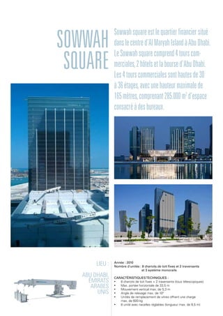 Lieu :
Abu Dhabi,
Émirats
arabes
unis
Année : 2010
Nombre d'unités : 8 chariots de toit fixes et 2 traversants
et 3 système monorails
Caractéristiquestechniques :
•	 8 chariots de toit fixes + 2 traversants (tous télescopiques)
•	 Max. portée horizontale de 33,5 m
•	 Mouvement vertical max. de 5,3 m
•	 Angle de relevage max. de 100
•	 Unités de remplacement de vitres offrant une charge
max. de 600 kg
•	 8 unité avec nacelles réglables (longueur max. de 8,5 m)
Sowwah
Square
Sowwahsquareestlequartierfinanciersitué
danslecentred'AlMaryahIslandàAbuDhabi.
LeSowwahsquarecomprend4tourscom-
merciales,2hôtelsetlaboursed'AbuDhabi.
Les4tourscommercialessonthautesde30
à36étages,avecunehauteurmaximalede
165mètres,comprenant285.000m2
d'espace
consacréàdesbureaux.
 