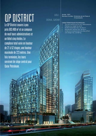 QPDistrict
Lieu :
Doha, Qatar
Année : 2012
Nombre d'unités : 8 chariots de toit fixes et
3 traversants
Caractéristiquestechniques :
•	 Tous les chariots de toit sont télescopiques
•	 Flèches à un angle fixe de 6o
•	 Portée horizontale max. de 34,0 m
•	 Mouvement vertical max. de 6,8 m
•	 Unités de remplacement de vitres offrant
une charge max. de 350 kg
LeQPDistrictcouvreàpeu
près693.400m2
etsecompose
deneuftoursadministrativeset
unhôtelcinqétoiles.Le
complexetotalvarieenhauteur
de21à52étages,unehauteur
maximalede223mètres.Une
foisterminées,lestours
servirontdesiègecentralpour
QatarPetroleum.
 