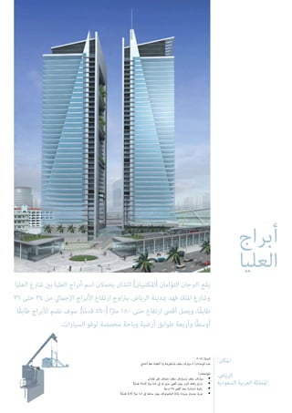 :‫املكان‬
،‫الرياض‬
‫السعودية‬ ‫العربية‬ ‫اململكة‬
2012 :‫السنة‬
‫أحادي‬ ‫خط‬ ‫أنظمة‬ 6‫و‬ ‫ِضة‬‫ر‬ْ‫ع‬َ‫ت‬ْ‫س‬ُ‫م‬ ‫سقف‬ ‫سيارات‬ 4 :‫الوحدات‬ ‫عدد‬
:‫املواصفات‬
‫املرتاس‬ ‫عىل‬ ‫مثبتتان‬ ‫سقف‬ ‫وسيارتان‬ ‫سقف‬ ‫سيارتان‬ •
)‫ا‬ً‫م‬‫قد‬ 27.8( ‫ا‬ً‫رت‬‫م‬ 8.5 ‫إىل‬ ‫له‬ ‫مدى‬ ‫أقىص‬ ‫يصل‬ ‫ثابت‬ ‫رافعة‬ ‫ذراع‬ •
‫درجة‬ 35 ‫أقىص‬ ‫بحد‬ ‫استدارة‬ ‫زاوية‬ •
)‫ا‬ً‫م‬‫قد‬ 4.9( ‫ا‬ً‫رت‬‫م‬ 1.5 ‫إىل‬ ‫مداها‬ ‫يصل‬ ‫البانتوغراف‬ ‫بأداة‬ ‫مزودة‬ ‫جندول‬ ‫عربة‬ •
‫أبراج‬
‫العليا‬
‫العليا‬ ‫شارع‬ ‫بني‬ ‫العليا‬ ‫أبراج‬ ‫اسم‬ ‫يحمالن‬ ‫اللذان‬ )‫(املكتبيان‬ ‫التؤامان‬ ‫الربجان‬ ‫يقع‬
36 ‫حتى‬ 34 ‫من‬ ‫اإلجاميل‬ ‫األبراج‬ ‫ارتفاع‬ ‫يرتاوح‬ .‫الرياض‬ ‫مبدينة‬ ‫فهد‬ ‫امللك‬ ‫وشارع‬
‫ًا‬‫ق‬‫طاب‬ ‫األبراج‬ ‫تضم‬ ‫سوف‬ .)‫ا‬ً‫م‬‫قد‬ 590( ‫ا‬ً‫رت‬‫م‬ 180 ‫حتى‬ ‫ارتفاع‬ ‫أقىص‬ ‫ويصل‬ ،‫ًا‬‫ق‬‫طاب‬
.‫السيارات‬ ‫لوقو‬ ‫مخصصة‬ ‫وباحة‬ ‫أرضية‬ ‫طوابق‬ ‫وأربعة‬ ‫ا‬ً‫ط‬‫أوس‬
 