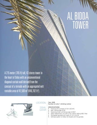 Location:
Doha,
Qatar
Year: 2009
Number of units: 1 climbing roofcar
Specifications:
• Fixed jib with outreach of 7,0 m (22.9 ft)
• Max. luffing angle of 250
• Traversing under a climbing angle of 20,5°
• Glass replacement unit with a max. load of 160 kg (352.7 lbs)
• Pantograph gondola with reach of 1,5 m (4.9 ft)
• Softrope system to follow the facade with the gondola
ALBidda
Tower
A215meter(705ft)tall,43storeytowerin
theheartofDohawithanunconventional
diagonalcurtainwallderivedfromthe
conceptofatornadowithanaggregatednett
rentableareaof41,500m2
(446,702ft2
).
 