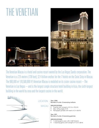 Location:
Macau
Year: 2006
Number of units: 3 traversing roofcars
Specifications:
• Fixed jib with outreach of 21,5 m (70.5 ft)
• Max. luffing angle of 140
• Pantograph gondola with reach of 2 m (6.6 ft)
Year: 2011
Number of units: 2 traversing gantries
Specifications:
• 1 rotating gantry over a 25 m (82 ft) dome
• 1 traversing gantry with a length of 11,6 m (38 ft)
Thevenetian
TheVenetianMacauisahotelandcasinoresortownedbytheLasVegasSandscorporation.The
Venetianisa225meters(738feet),$2.4billionanchorforthe7hotelsontheCotaiStripinMacau.
The980,000m2
(10,500,000ft2
)VenetianMacauismodeledonitssistercasinoresort–The
VenetianinLasVegas–andisthelargestsinglestructurehotelbuildinginAsia,thesixth-largest
buildingintheworldbyareaandthelargestcasinointheworld.
 