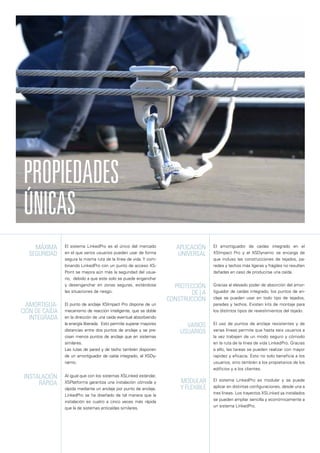 El sistema LinkedPro es el único del mercado
en el que varios usuarios pueden usar de forma
segura la misma ruta de la línea de vida. Y com-
binando LinkedPro con un punto de acceso XS-
Point se mejora aún más la seguridad del usua-
rio, debido a que este solo se puede enganchar
y desenganchar en zonas seguras, evitándose
las situaciones de riesgo.
El punto de anclaje XSImpact Pro dispone de un
mecanismo de reacción inteligente, que se dobla
en la dirección de una caída eventual absorbiendo
la energía liberada. Esto permite superar mayores
distancias entre dos puntos de anclaje y se pre-
cisan menos puntos de anclaje que en sistemas
similares.
Las rutas de pared y de techo también disponen
de un amortiguador de caída integrado, el XSDy-
namic.
Al igual que con los sistemas XSLinked estándar,
XSPlatforms garantiza una instalación cómoda y
rápida mediante un anclaje por punto de anclaje.
LinkedPro se ha diseñado de tal manera que la
instalación es cuatro a cinco veces más rápida
que la de sistemas anticaídas similares.
El amortiguador de caídas integrado en el
XSImpact Pro y el XSDynamic se encarga de
que incluso las construcciones de tejados, pa-
redes y techos más ligeras y frágiles no resulten
dañadas en caso de producirse una caída.
Gracias al elevado poder de absorción del amor-
tiguador de caídas integrado, los puntos de an-
claje se pueden usar en todo tipo de tejados,
paredes y techos. Existen kits de montaje para
los distintos tipos de revestimientos del tejado.
El uso de puntos de anclaje resistentes y de
varias líneas permite que hasta seis usuarios a
la vez trabajen de un modo seguro y cómodo
en la ruta de la línea de vida LinkedPro. Gracias
a ello, las tareas se pueden realizar con mayor
rapidez y eficacia. Esto no solo beneficia a los
usuarios, sino también a los propietarios de los
edificios y a los clientes.
El sistema LinkedPro es modular y se puede
aplicar en distintas configuraciones, desde una a
tres líneas. Los trayectos XSLinked ya instalados
se pueden ampliar sencilla y económicamente a
un sistema LinkedPro.
MÁXIMA
SEGURIDAD
VARIOS
USUARIOS
AMORTIGUA-
CIÓN DE CAÍDA
INTEGRADA
INSTALACIÓN
RÁPIDA
PROTECCIÓN
DE LA
CONSTRUCCIÓN
APLICACIÓN
UNIVERSAL
MODULAR
Y FLEXIBLE
PROPIEDADES
ÚNICAS
 