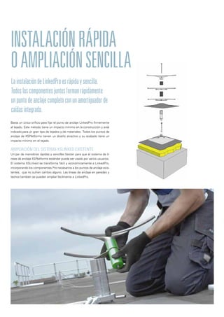 LainstalacióndeLinkedProesrápidaysencilla.
Todosloscomponentesjuntosformanrápidamente
unpuntodeanclajecompletoconunamortiguadorde
caídasintegrado.
INSTALACIÓNRÁPIDA
OAMPLIACIÓNSENCILLA
Basta un único orificio para fijar el punto de anclaje LinkedPro firmemente
al tejado. Este método tiene un impacto mínimo en la construcción y está
indicado para un gran tipo de tejados y de materiales. Todos los puntos de
anclaje de XSPlatforms tienen un diseño atractivo y su acabado tiene un
impacto mínimo en el tejado.
AMPLIACIÓN DEL SISTEMA XSLINKED EXISTENTE
Un par de maniobras rápidas y sencillas bastan para que el sistema de lí-
neas de anclaje XSPlatforms estándar pueda ser usado por varios usuarios.
El sistema XSLinked se transforma fácil y económicamente a LinkedPro,
incorporando los componentes Pro necesarios a los puntos de anclaje exis-
tentes, que no sufren cambio alguno. Las líneas de anclaje en paredes y
techos también se pueden ampliar fácilmente a LinkedPro.
 