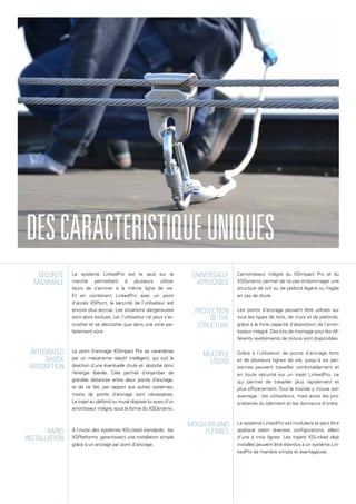 Le système LinkedPro est le seul sur le
marché permettant à plusieurs utilisa-
teurs de s’arrimer à la même ligne de vie.
Et en combinant LinkedPro avec un point
d’accès XSPoint, la sécurité de l’utilisateur est
encore plus accrue. Les situations dangereuses
sont alors exclues, car l’utilisateur ne peut s’ac-
crocher et se décrocher que dans une zone par-
faitement sûre.
Le point d’ancrage XSImpact Pro se caractérise
par un mécanisme réactif intelligent, qui suit la
direction d’une éventuelle chute et absorbe donc
l’énergie libérée. Cela permet d’enjamber de
grandes distances entre deux points d’ancrage,
et de ce fait, par rapport aux autres systèmes,
moins de points d’ancrage sont nécessaires.
Le trajet au plafond ou mural dispose lui aussi d’un
amortisseur intégré, sous la forme du XSDynamic.
À l’instar des systèmes XSLinked standards, les
XSPlatforms garantissent une installation simple
grâce à un ancrage par point d’ancrage.
L
’amortisseur intégré du XSImpact Pro et du
XSDynamic permet de ne pas endommager une
structure de toit ou de plafond légère ou fragile
en cas de chute.
Les points d’ancrage peuvent être utilisés sur
tous les types de toits, de murs et de plafonds,
grâce à la forte capacité d’absorption de l’amor-
tisseur intégré. Des kits de montage pour les dif-
férents revêtements de toiture sont disponibles.
Grâce à l’utilisation de points d’ancrage forts
et de plusieurs lignes de vie, jusqu’à six per-
sonnes peuvent travailler confortablement et
en toute sécurité sur un trajet LinkedPro, ce
qui permet de travailler plus rapidement et
plus efficacement. Tout le monde y trouve son
avantage : les utilisateurs, mais aussi les pro-
priétaires du bâtiment et les donneurs d’ordre.
Le système LinkedPro est modulaire et peut être
appliqué selon diverses configurations, allant
d’une à trois lignes. Les trajets XSLinked déjà
installés peuvent être étendus à un système Lin-
kedPro de manière simple et avantageuse.
Sécurité
maximale
MULTIPLE
USERS
INTEGRATED
SHOCK
ABSORPTION
RAPID
INSTALLATION
PROTECTION
OF THE
STRUCTURE
UNIVERSALLY
APPLICABLE
MODULAR AND
FLEXIBLE
DESCARACTERISTIQUEUNIQUES
 