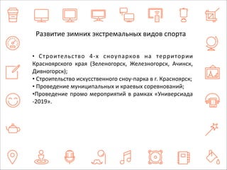 Развитие 
зимних 
экстремальных 
видов 
спорта 
• 
Строительство 
4-­‐х 
сноупарков 
на 
территории 
Красноярского 
края 
(Зеленогорск, 
Железногорск, 
Ачинск, 
Дивногорск); 
• 
Строительство 
искусственного 
сноу-­‐парка 
в 
г. 
Красноярск; 
• 
Проведение 
муниципальных 
и 
краевых 
соревнований; 
•Проведение 
промо 
мероприятий 
в 
рамках 
«Универсиада 
-­‐2019». 
 