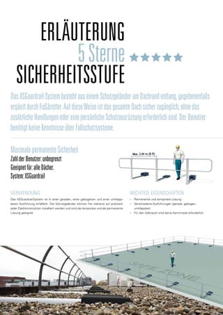 Erläuterung
5Sterne
Sicherheitsstufe
Verwendung
Das XSGuardrail-System ist in einer geraden, einer gebogenen und einer umklapp-
baren Ausführung erhältlich. Die Schutzgeländer können frei stehend auf praktisch
jeder Dachkonstruktion installiert werden und sind als temporäre und als permanente
Lösung geeignet.
MaximalepermanenteSicherheit
ZahlderBenutzer:unbegrenzt
Geeignetfür:alleDächer.
System:XSGuardrail
DasXSGuardrail-SystembestehtauseinemSchutzgeländeramDachrandentlang,gegebenenfalls
ergänztdurchFußbretter.AufdieseWeiseistdasgesamteDachsicherzugänglich,ohnedas
zusätzlicheHandlungenodereinepersönlicheSchutzausrüstungerforderlichsind.DerBenutzer
benötigtkeineKenntnisseüberFallschutzsysteme.
Wichtige Eigenschaften
■
■ Permanente und temporäre Lösung
■
■ Verschiedene Ausführungen (gerade, gebogen,
umklappbar)
■
■ Für den Gebrauch sind keine Kenntnisse erforderlich.
 