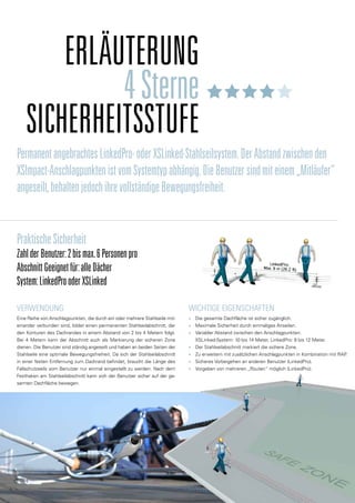Erläuterung
4Sterne
Sicherheitsstufe
Verwendung
Eine Reihe von Anschlagpunkten, die durch ein oder mehrere Stahlseile mit-
einander verbunden sind, bildet einen permanenten Stahlseilabschnitt, der
den Konturen des Dachrandes in einem Abstand von 2 bis 4 Metern folgt.
Bei 4 Metern kann der Abschnitt auch als Markierung der sicheren Zone
dienen. Die Benutzer sind ständig angeseilt und haben an beiden Seiten der
Stahlseile eine optimale Bewegungsfreiheit. Da sich der Stahlseilabschnitt
in einer festen Entfernung zum Dachrand befindet, braucht die Länge des
Fallschutzseils vom Benutzer nur einmal eingestellt zu werden. Nach dem
Festhaken am Stahlseilabschnitt kann sich der Benutzer sicher auf der ge-
samten Dachfläche bewegen.
PraktischeSicherheit
ZahlderBenutzer:2bismax.6Personenpro
AbschnittGeeignetfür:alleDächer
System:LinkedProoderXSLinked
PermanentangebrachtesLinkedPro-oderXSLinked-Stahlseilsystem.DerAbstandzwischenden
XSImpact-AnschlagpunktenistvomSystemtypabhängig.DieBenutzersindmiteinem„Mitläufer“
angeseilt,behaltenjedochihrevollständigeBewegungsfreiheit.
Wichtige Eigenschaften
■
■ Die gesamte Dachfläche ist sicher zugänglich.
■
■ Maximale Sicherheit durch einmaliges Anseilen.
■
■ Variabler Abstand zwischen den Anschlagpunkten.
XSLinked-System: 10 bis 14 Meter, LinkedPro: 8 bis 12 Meter.
■
■ Der Stahlseilabschnitt markiert die sichere Zone.
■
■ Zu erweitern mit zusätzlichen Anschlagpunkten in Kombination mit RAP
.
■
■ Sicheres Vorbeigehen an anderen Benutzer (LinkedPro).
■
■ Vorgeben von mehreren „Routen“ möglich (LinkedPro).
 