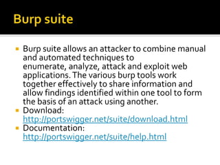 Burp suite<br />Burp suite allows an attacker to combine manual and automated techniques to enumerate, analyze, attack and...