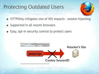 Protecting Outdated Users

• HTTPOnly mitigates one of XSS impacts - session hijacking
• Supported in all recent browsers
...