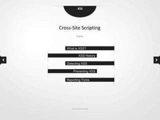 XSS




Cross-Site Scripting
         Outline




   What is XSS?

           XSS History

   Detecting XSS

       Preventing XSS

   Reporting Tricks
 