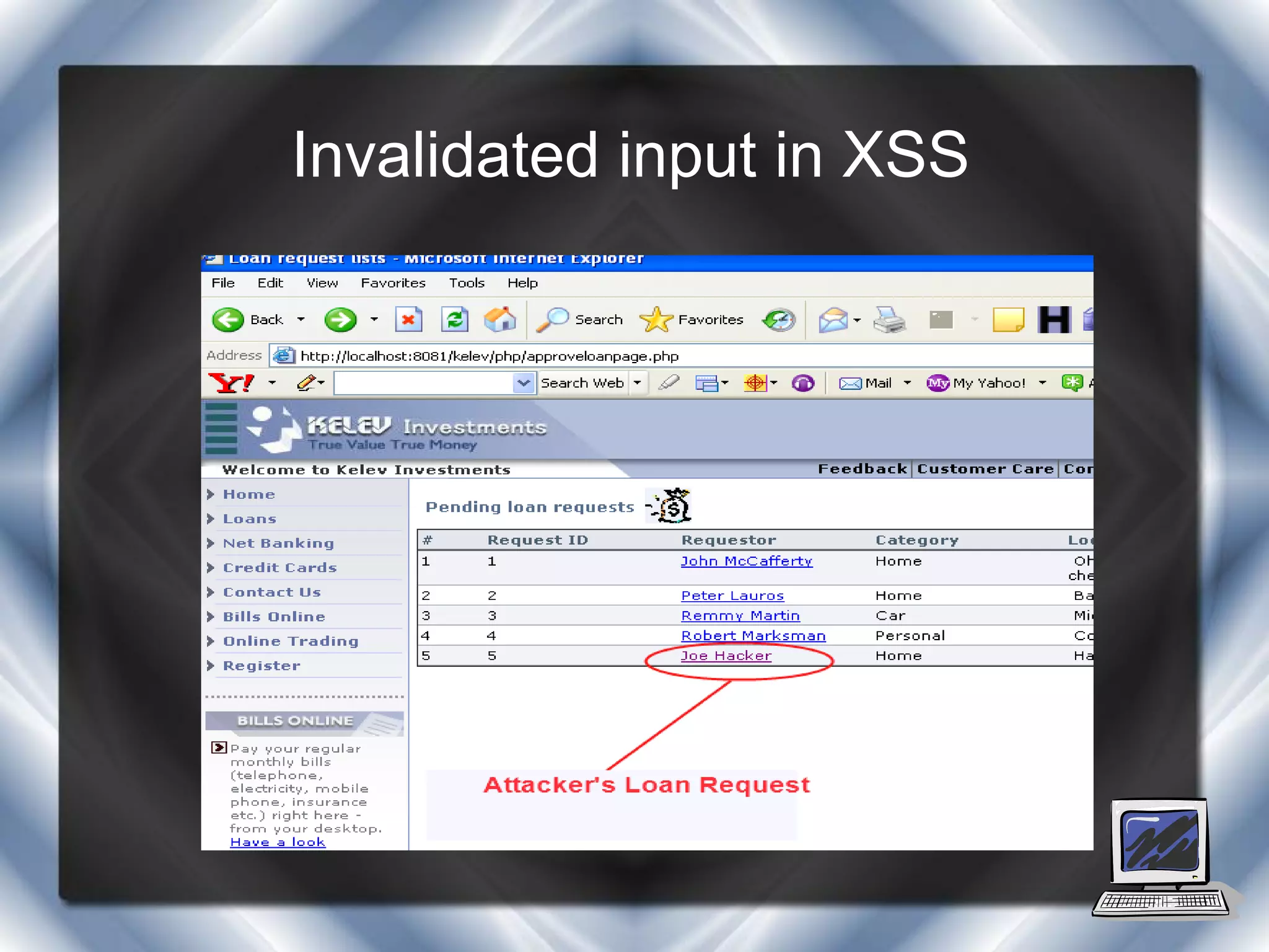 Invalidated input in XSS
 