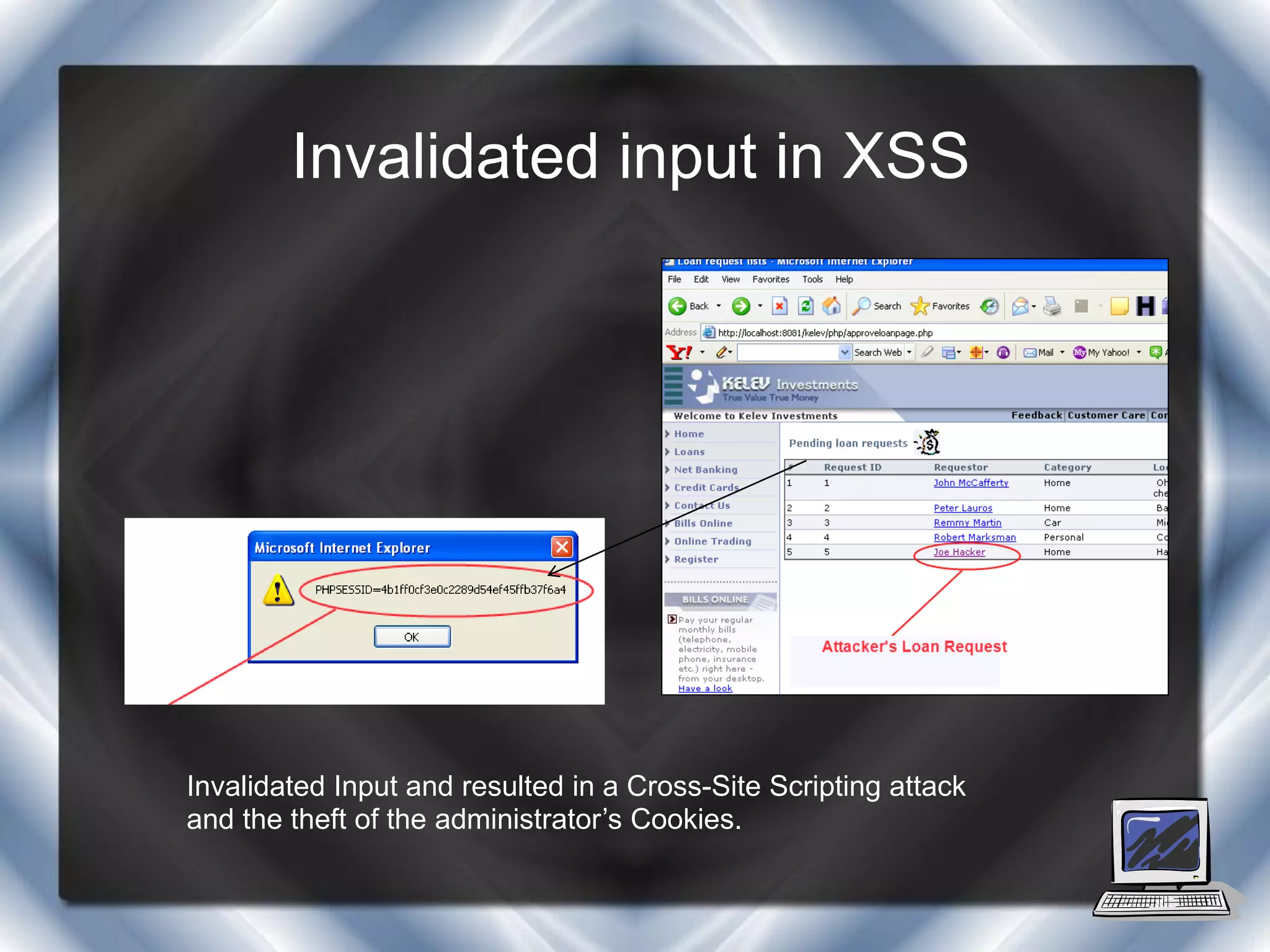 Invalidated input in XSS




Invalidated Input and resulted in a Cross-Site Scripting attack
and the theft of the administrator’s Cookies.
 