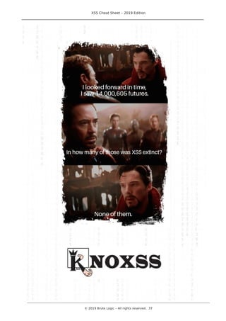 XSS Cheat Sheet – 2019 Edition
________________________________________________________________________________
________________________________________________________________________________________________________________________
© 2019 Brute Logic – All rights reserved. 37
 