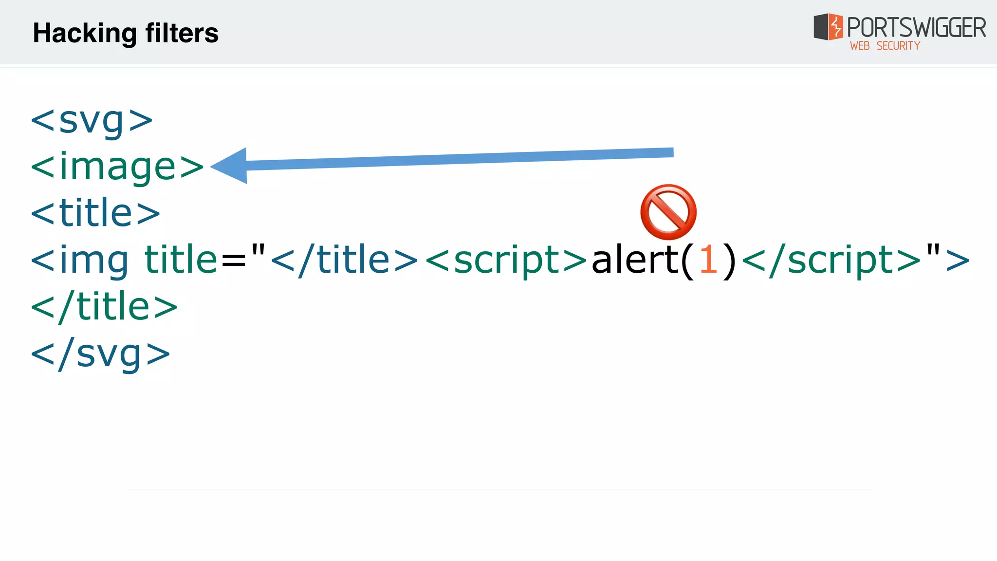 Hacking filters
<svg>
<image>
<title>
<img title="</title><script>alert(1)</script>">
</title>
</svg>
🚫
 