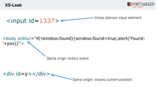 XS-Leak
Cross domain input element
Same origin onblur event
Same origin, shows current position
<input id=1337>
<body onbl...