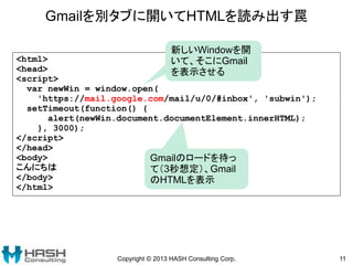 Gmailを別タブに開いてHTMLを読み出す罠
Copyright © 2013 HASH Consulting Corp. 11
<html>
<head>
<script>
var newWin = window.open(
'https://mail.google.com/mail/u/0/#inbox', 'subwin');
setTimeout(function() {
alert(newWin.document.documentElement.innerHTML);
}, 3000);
</script>
</head>
<body>
こんにちは
</body>
</html>
新しいWindowを開
いて、そこにGmail
を表示させる
Gmailのロードを待っ
て（3秒想定）、Gmail
のHTMLを表示
 