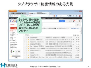 タブブラウザに秘密情報のある光景
Copyright © 2013 HASH Consulting Corp. 9
うっかり、罠の仕掛
けてあるページを開
いたら、Gmailの内
容を読み取られな
いのか?
ワナのサイト
 