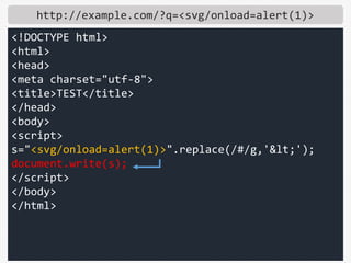 http://example.com/?q=<svg/onload=alert(1)>
<!DOCTYPE html>
<html>
<head>
<meta charset="utf-8">
<title>TEST</title>
</hea...