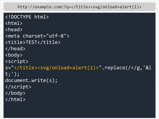 http://example.com/?q=</title><svg/onload=alert(1)>
<!DOCTYPE html>
<html>
<head>
<meta charset="utf-8">
<title>TEST</titl...