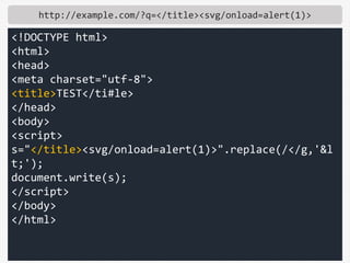 http://example.com/?q=</title><svg/onload=alert(1)>
<!DOCTYPE html>
<html>
<head>
<meta charset="utf-8">
<title>TEST</ti#l...