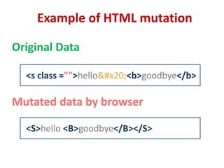 Example of HTML mutation
<s class ="">hello <b>goodbye</b>
<S>hello <B>goodbye</B></S>
Original Data
Mutated data by browser
 