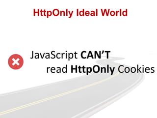 HttpOnly Ideal World
JavaScript CAN’T
read HttpOnly Cookies
 