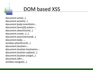 DOM based XSS
document.write(…)
document.writeln(…)
document.body.innerHtml=…
document.forms[0].action=…
document.attachEvent(…)
document.create…(…)
document.execCommand(…)
document.body. …
window.attachEvent(…)
document.location=…
document.location.hostname=…
document.location.replace(…)
document.location.assign(…)
document.URL=…
window.navigate(…)
 