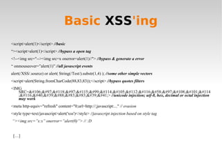 Basic  XSS 'ing <ul><li><script>alert(1)</script>  //basic </li></ul><ul><li>“ ><script>alert(1)</script>  //bypass a open...