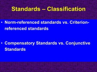 Standards – Classification Norm-referenced standards vs. Criterion-referenced standards Compensatory Standards vs. Conjunctive Standards 