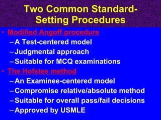 Two Common Standard-Setting Procedures Modified Angoff procedure A Test-centered model Judgmental approach Suitable for MCQ examinations The Hofstee method An Examinee-centered model Compromise relative/absolute method Suitable for overall pass/fail decisions Approved by USMLE 