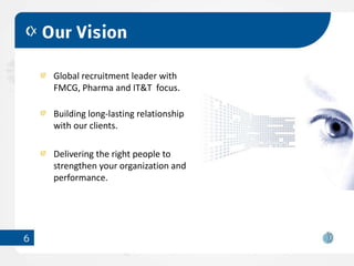 Our Vision

     Global recruitment leader with
     FMCG, Pharma and IT&T focus.

     Building long-lasting relationship
     with our clients.

     Delivering the right people to
     strengthen your organization and
     performance.




6
 