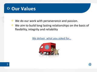 Our Values

     We do our work with perseverance and passion.
     We aim to build long lasting relationships on the basis of
     flexibility, integrity and reliability

                  We deliver what you asked for...




7
 