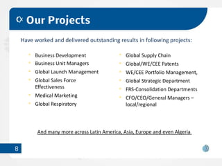Our Projects
    Have worked and delivered outstanding results in following projects:

         Business Development                  Global Supply Chain
         Business Unit Managers                Global/WE/CEE Patents
         Global Launch Management              WE/CEE Portfolio Management,
         Global Sales Force                    Global Strategic Department
         Effectiveness                         FRS-Consolidation Departments
         Medical Marketing                     CFO/CEO/General Managers –
         Global Respiratory                    local/regional



          And many more across Latin America, Asia, Europe and even Algeria


8
 