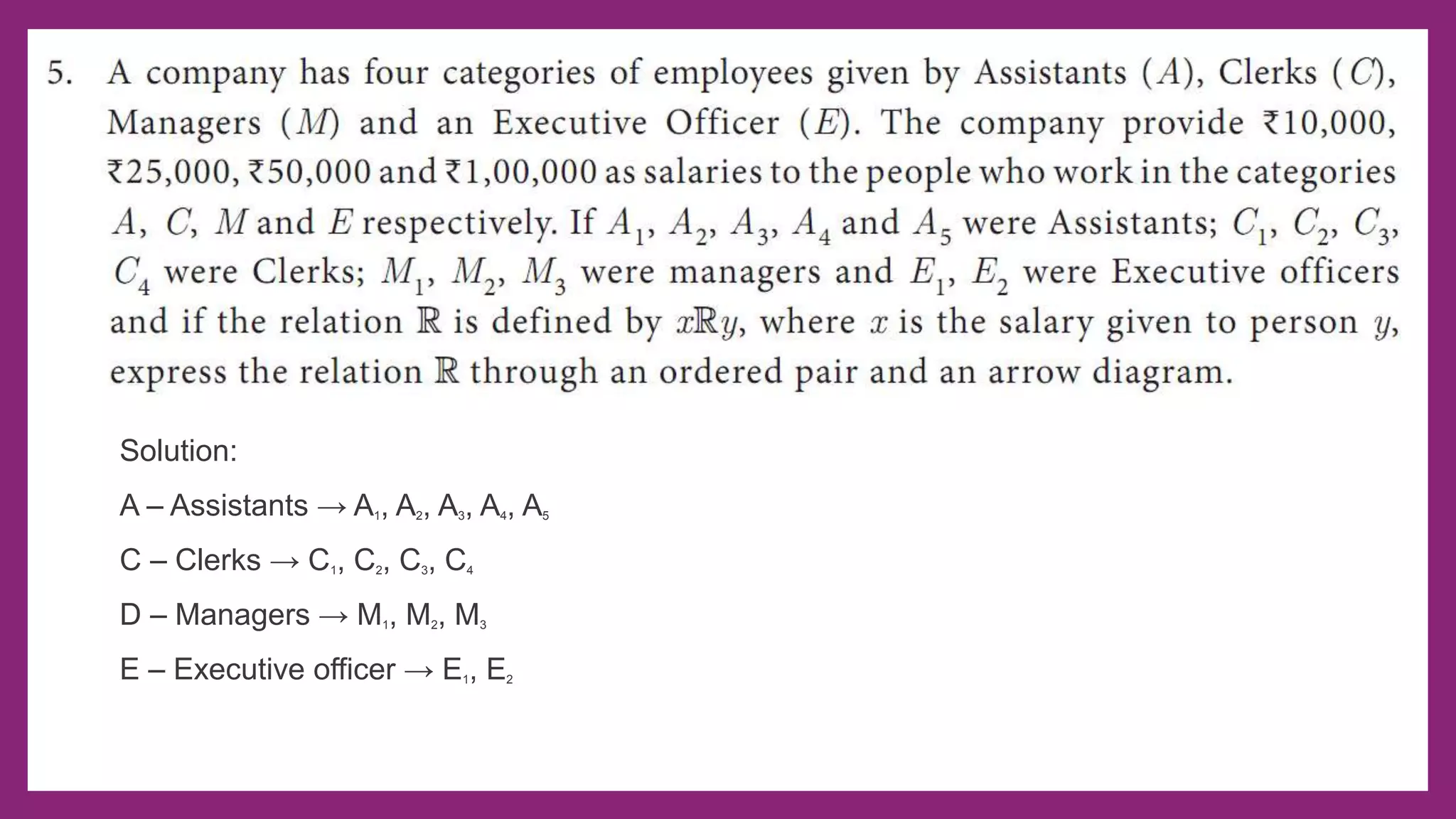Solution:
A – Assistants → A1, A2, A3, A4, A5
C – Clerks → C1, C2, C3, C4
D – Managers → M1, M2, M3
E – Executive officer → E1, E2