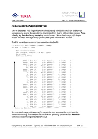 COMPUTERS &
COMPUTERS &
ENGINEERING
ENGINEERING
Xsteel Eğitim Kursu

Ders 12 - Gözden Geçirme - Kontrol

Numaralandõrma Geçmişi Dosyasõ
Şimdide bir asamble veya parçanõn yeniden numaralandõrõlõp numaralandõrõlmadõğõnõ anlamak için
numaralandõrma geçmişi dosyasõnõ kontrol etmemiz gerekiyor. Ekranõn üst kõsmõndaki menüden Tools>Display log file->Numbering history log...zincirini tõklayõn. “Numaralandõrma geçmişi” dosyasõ
modelin bulunduğu dizinde yer aldõğõ için Windows Explorer kullanõlarak da açõlabilir.
Örnek bir numaralandõrma geçmişi raporu aşağõdaki gibi olacaktõr:
*** Numbering: ******************************
Wed Aug 19 15:46:39 1998
Tüm numaralandırmalar
Yeni parçaları eskileri ile karşılaştır
Duruş şekli
Tolerans: 1.000000

XXXP-/1 Max Part
0 Max Assembly
0
XXXA-/1 Max Part
0 Max Assembly
0
XXXE-/1 Max Part
0 Max Assembly
0
Xp/1 Max Part
76 Max Assembly
0
Xm/1 Max Part
2 Max Assembly
0
XXXB-/1 Max Part
0 Max Assembly
0
XXXC-/1 Max Part
0 Max Assembly
0
m/1 Max Part
85 Max Assembly
0
B/1 Max Part
0 Max Assembly
27
BR/1 Max Part
0 Max Assembly
8
C/1 Max Part
0 Max Assembly
12
P/1 Max Part
0 Max Assembly
24
R/1 Max Part
0 Max Assembly
6
T/1 Max Part
0 Max Assembly
1
XXXP-/1 Max Part
0 Max Assembly
0
XXXA-/1 Max Part
0 Max Assembly
0
XXXE-/1 Max Part
0 Max Assembly
0
Xp/1 Max Part
76 Max Assembly
0
Xm/1 Max Part
2 Max Assembly
0
XXXB-/1 Max Part
0 Max Assembly
0
XXXC-/1 Max Part
0 Max Assembly
0
m/1 Max Part
85 Max Assembly
0
B/1 Max Part
0 Max Assembly
27
BR/1 Max Part
0 Max Assembly
8
C/1 Max Part
0 Max Assembly
12
P/1 Max Part
0 Max Assembly
24
R/1 Max Part
0 Max Assembly
6
T/1 Max Part
0 Max Assembly
1
*** Numbering finished ******************************

FreeNo
FreeNo
FreeNo
FreeNo
FreeNo
FreeNo
FreeNo
FreeNo
FreeNo
FreeNo
FreeNo
FreeNo
FreeNo
FreeNo
FreeNo
FreeNo
FreeNo
FreeNo
FreeNo
FreeNo
FreeNo
FreeNo
FreeNo
FreeNo
FreeNo
FreeNo
FreeNo
FreeNo

0
0
0
0
0
0
0
0
0
0
0
0
0
0
0
0
0
0
0
0
0
0
0
0
0
0
0
0

Bu numaralandõrma geçmişi raporuna göre parçalardan veya asamblelerden hiçbiri tekrardan
numaralandõrõlmamõş. Bunu da raporun solunda oklarõn gösterildiği yerde Part veya Assembly
kelimelerinin listelenmemiş olmasõndan anlõyoruz.

Copyright Tekla Oyj 2000, Computers & Engineering 2002 Tel: 0049 6406 73667 www.comp-engineering.com

Sayfa 12-3

 