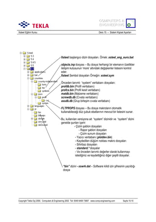 COMPUTERS &
COMPUTERS &
ENGINEERING
ENGINEERING
Xsteel Eğitim Kursu

Ders 15 – Sistem Kişisel Ayarlarõ

Xsteel başlangõcõ dizin dosyalarõ. Örnek: xsteel_eng_euro.bat
objects.inp dosyasõ – Bu dosya herhangi bir elemanõn özellikler
iletişim kutusunun ‘more’ altõndaki değişkenler listesini kontrol
eder.
Xsteel Sembol dosyalarõ Örneğin: xsteel.sym
Önceden tanõmlõ “system” veritabanõ dosyalarõ:
profdb.bin (Profil veritabanõ)
profcs.bin (Profil kesit veritabanõ)
matdb.bin (Malzeme veritabanõ)
screwdb.db (Cõvata veritabanõ)
assdb.db (Grup birleşim cõvata veritabanõ)
FLTPROPS dosyasõ – Bu dosya makrolarõn otomatik
kullanabileceği düz çubuk ebatlarõnõn mevcut bir listesini sunar.
Bu, kullanõlan versiyona ait “system” dizinidir ve “system” dizini
genelde şunlarõ içerir:
- Çizim şablon dosyalarõ
- Rapor şablon dosyalarõ
- Çizim sunum dosyalarõ
- Yazõcõ veritabanõ (plotdev.bin)
- Kaydedilen düğüm noktasõ makro dosyalarõ
- Sihirbaz dosyalarõ
- standard.* dosyalar
- Ve önceden tanõmlõ değerler olarak kullanmayõ
istediğiniz ve kaydettiğiniz diğer çeşitli dosyalar.
“bin” dizini - xswrk.dat – Software kilidi izin şifresinin yazõldõğõ
dosya

Copyright Tekla Oyj 2000, Computers & Engineering 2002 Tel: 0049 6406 73667 www.comp-engineering.com

Sayfa 15-10

 