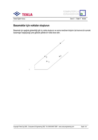 COMPUTERS &
COMPUTERS &
ENGINEERING
ENGINEERING
Xsteel Eğitim Kursu

Ders 5 – Train 1 Modeli

Basamaklar için noktalar oluşturun
Basamak için aşağõda gösterildiği gibi üç nokta oluşturun ve sonra merdiven kirişinin üst kõsmõna bir sonraki
basamağõn başlayacağõ yere gelecek şekilde bir nokta ilave edin.

3

2
1

Copyright Tekla Oyj 2000, Computers & Engineering 2002 Tel: 0049 6406 73667 www.comp-engineering.com

Sayfa 5-6

 