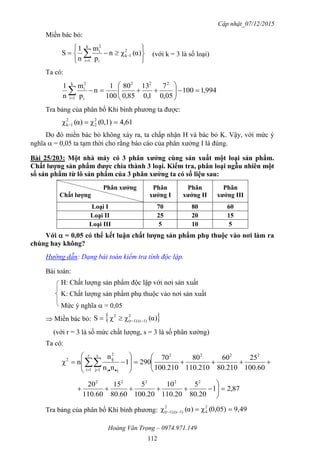 Cập nhật_07/12/2015
Hoàng Văn Trọng – 0974.971.149
112
Miền bác bỏ:






 

 α)(χn
p
m
n
1
S 2
1k
k
1i i
2
i
(với k = 3 là số loại)
Ta có:
994,1100
05,0
7
1,0
13
85,0
80
100
1
n
p
m
n
1 222k
1i i
2
i







Tra bảng của phân bố Khi bình phương ta được:
61,40,1)(χα)(χ 2
2
2
1k 
Do đó miền bác bỏ không xảy ra, ta chấp nhận H và bác bỏ K. Vậy, với mức ý
nghĩa  = 0,05 ta tạm thời cho rằng báo cáo của phân xưởng I là đúng.
Bài 25/203: Một nhà máy có 3 phân xƣởng cùng sản xuất một loại sản phẩm.
Chất lƣợng sản phẩm đƣợc chia thành 3 loại. Kiểm tra, phân loại ngẫu nhiên một
số sản phẩm từ lô sản phẩm của 3 phân xƣởng ta có số liệu sau:
Phân xƣởng
Chất lƣợng
Phân
xƣởng I
Phân
xƣởng II
Phân
xƣởng III
Loại I 70 80 60
Loại II 25 20 15
Loại III 5 10 5
Với  = 0,05 có thể kết luận chất lƣợng sản phẩm phụ thuộc vào nơi làm ra
chúng hay không?
Hướng dẫn: Dạng bài toán kiểm tra tính độc lập.
Bài toán:
H: Chất lượng sản phẩm độc lập với nơi sản xuất
K: Chất lượng sản phẩm phụ thuộc vào nơi sản xuất
Mức ý nghĩa  = 0,05
 Miền bác bỏ:  α)(χχS 2
1)1).(s(r
2

(với r = 3 là số mức chất lượng, s = 3 là số phân xưởng)
Ta có:












    60.100
25
210.80
60
210.110
80
210.100
70
2901
nn
n
nχ
2222r
1i
s
1j ji
2
ij2
87,21
20.80
5
20.110
10
20.100
5
60.80
15
60.110
20 22222




Tra bảng của phân bố Khi bình phương: 49,90,05)(χα)(χ 2
4
2
1)1).(s(r 
 