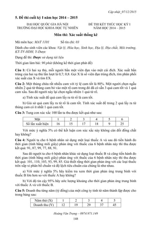 Cập nhật_07/12/2015
Hoàng Văn Trọng – 0974.971.149
148
5. Đề thi cuối kỳ I năm học 2014 – 2015
Môn thi: Xác suất thống kê
Mã môn học: MAT 1101 Số tín chỉ: 03
Dành cho sinh viên các khoa: Vật lý, Hóa học, Sinh học, Địa lý, Địa chất, Môi trường,
KT-TV-HDH, Y-Dược
Dạng đề thi: Được sử dụng tài liệu
Thời gian làm bài: 90 phút (không kể thời gian phát đề)
Câu 1: Có hai xạ thủ, mỗi người bắn một viên đạn vào một cái đích. Xác suất bắn
trúng của hai xạ thủ lần lượt là 0,7; 0,8. Gọi X là số viên đạn trúng đích, tìm phân phối
xác suất của X và tìm EX.
Câu 2: Một thùng chứa rất nhiều cam với tỷ lệ cam tốt là 80%. Một người chọn ngẫu
nhiên 2 quả từ thùng cam bỏ vào một rổ cam trong đó đã có sẵn 3 quả cam tốt và 1 quả
cam xấu. Sau đó người này lại chọn ngẫu nhiên 1 quả từ rổ.
a) Tính xác suất để quả cam lấy ra từ rổ là cam tốt.
b) Giả sử quả cam lấy ra từ rổ là cam tốt. Tính xác suất để trong 2 quả lấy ra từ
thùng cam có ít nhất 1 quả cam tốt.
Câu 3: Tung con xúc xắc 100 lần ta thu được kết quả như sau:
Mặt 1 2 3 4 5 6
Số lần xuất hiện 16 15 17 18 9 25
Với mức ý nghĩa 5% có thể kết luận con xúc xắc này không cân đối đồng chất
hay không?
Câu 4: Người ta cho 6 bệnh nhân sử dụng một loại thuốc A và sau đó tiến hành đo
thời gian (tính bằng mili giây) phản ứng với thuốc của 6 bệnh nhân này thì thu được
kết quả: 91, 87, 99, 77, 88, 91.
Sau đó người ta cho 6 bệnh nhân khác sử dụng loại thuốc B và cũng tiến hành đo
thời gian (tính bằng mili giây) phản ứng với thuốc của 6 bệnh nhân này thì thu được
kết quả: 101, 110, 103, 93, 99, 85. Giả thiết rằng thời gian phản ứng với các loại thuốc
trên xấp xỉ phân bố chuẩn và độ lệch tiêu chuẩn của chúng là như nhau.
a) Với mức ý nghĩa 5% hãy kiểm tra xem thời gian phản ứng trung bình với
thuốc B lớn hơn so với thuốc A hay không?
b) Với độ tin cậy 95% hãy ước lượng khoảng cho thời gian phản ứng trung bình
với thuốc A và với thuốc B.
Câu 5: Doanh thu từng năm (tỷ đồng) của một công ty tính từ năm thành lập được cho
trong bảng sau:
Năm thứ (X) 1 2 3 4 5
Doanh thu (Y) 12 19 29 37 45
ĐẠI HỌC QUỐC GIA HÀ NỘI
TRƯỜNG ĐẠI HỌC KHOA HỌC TỰ NHIÊN
ĐỀ THI KẾT THÚC HỌC KỲ I
NĂM HỌC 2014 – 2015
 