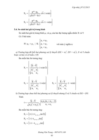 Cập nhật_07/12/2015
Hoàng Văn Trọng – 0974.971.149
83











 α)(un
)p(1p
p*p
S
00
0
2











 α)(un
)p(1p
p*p
S
00
0
3
5.4. So sánh hai giá trị trung bình
So sánh hai giá trị trung bình 1 và 2 của hai đại lượng ngẫu nhiên X và Y
Có 3 bài toán:









21
21
21
21
μμ
μμ
μμ
:K|μμ:H với mức ý nghĩa 
a) Trường hợp đã biết hai phương sai lý thuyết (DX = 1
2
, DY = 2
2
), X và Y chuẩn
hoặc cả hai có cỡ mẫu  30:
Ba miền bác bỏ tương ứng:

















 α/2)(u
n
σ
n
σ
YX
S
2
2
2
1
2
1
1

















 α)(u
n
σ
n
σ
YX
S
2
2
2
1
2
1
2

















 α)(u
n
σ
n
σ
YX
S
2
2
2
1
2
1
3
b) Trường hợp chưa biết hai phương sai lý thuyết nhưng X và Y chuẩn và DX = DY:
Tính:
21
2121
2
22
2
11
nn
2)n(nnn
snsn
YX
t





Ba miền bác bỏ tương ứng:
 α/2)(t|t|S 2nn1 21 
 α)(ttS 2nn2 21 
 α)(ttS 2nn3 21 
 