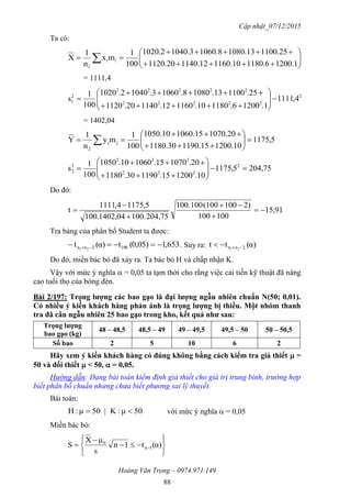 Cập nhật_07/12/2015
Hoàng Văn Trọng – 0974.971.149
88
Ta có:








  1.12006.118010.116012.114020.1120
25.110013.10808.10603.10402.1020
100
1
mx
n
1
X ii
1
= 1111,4
2
22222
22222
2
1 4,1111
1.12006.118010.116012.114020.1120
25.110013.10808.10603.10402.1020
100
1
s 










= 1402,04
5,1175
10.120015.119030.1180
20.107015.106010.1050
100
1
my
n
1
Y jj
2








 
75,2045,1175
10.120015.119030.1180
20.107015.106010.1050
100
1
s 2
222
222
2
2 










Do đó:
91,15
001100
2)001(100100.100
204,75100.1402,04100.
5,17514,1111
t 





Tra bảng của phân bố Student ta được:
653,10,05)(tα)(t 1982nn 21
  . Suy ra: α)(tt 2nn 21 
Do đó, miền bác bỏ đã xảy ra. Ta bác bỏ H và chấp nhận K.
Vậy với mức ý nghĩa  = 0,05 ta tạm thời cho rằng việc cải tiến kỹ thuật đã nâng
cao tuổi thọ của bóng đèn.
Bài 2/197: Trọng lƣợng các bao gạo là đại lƣợng ngẫu nhiên chuẩn N(50; 0,01).
Có nhiều ý kiến khách hàng phản ánh là trọng lƣợng bị thiếu. Một nhóm thanh
tra đã cân ngẫu nhiên 25 bao gạo trong kho, kết quả nhƣ sau:
Trọng lƣợng
bao gạo (kg)
48 – 48,5 48,5 – 49 49 – 49,5 49,5 – 50 50 – 50,5
Số bao 2 5 10 6 2
Hãy xem ý kiến khách hàng có đúng không bằng cách kiểm tra giả thiết  =
50 và đối thiết  < 50,  = 0,05.
Hướng dẫn: Dạng bài toán kiểm định giả thiết cho giá trị trung bình, trường hợp
biết phân bố chuẩn nhưng chưa biết phương sai lý thuyết.
Bài toán:
50μ:K|50μ:H  với mức ý nghĩa  = 0,05
Miền bác bỏ:








  α)(t1n
s
μX
S 1n
0
 