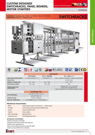 YOUR PARTNER FOR SAFETY
Since 1961
Explosion Proof Electrical Equipment
SWITCHRACKS
Feam Catalogue 03 - 1
Switchracks
On Request Accessories:
•Stainless steel pipes and fittings
•Galvanized steel epoxy painted supporting rack
•Stainless steel supporting rack
•Internal anticondensate painting orange RAL-2004
•External colours different from standard
Mechanical characteristics
Boxes	 marine grade copper free aluminum - stainless steel
Painting	 external epoxy powders grey RAL-9006 colour
Screws	 external stainless steel
Gaskets	 silicon rubber
Pipes and fittings	 galvanized steel
Supporting rack	 hot dip galvanized steel
Installation: hazardous areas - Zone 1 / 2 (Gases) - Zone 21 /22 (Dusts)
Classification: Group II - Category 2G 2D
CUSTOM DESIGNED
SWITCHRACKS, PANEL BOARDS,
MOTOR STARTERS Ex Enclosures
ANTISEISMIC TEST
FOR PERFORMING
zone UBC 3 e MSK > VIII < IX
zone UBC 4 MSK > IX
CERTIFICATE REF. CESI doc.: A9022645
RULES OF COMPLIANCE CEI EN 60068-2-57 Cat.1; CEI EN 60068-3-3
SWITCHRACK
ATEX 94/9/EC IEC Ex - INMETRO NEC - NEMA 4, 7, 9
EXECUTION/ INSTALLATION II 2 GD Ex d IIB+H2 / IIC Ex db IIB+H2 / IIC Class I - Groups B, C, and D/Class II - Groups E, F, and G/Class III
PROTECTION - - 4, 7 BCD, 9 EFG
AMBIENT TEMPERATURE -60° + 130°C -60° + 130°C -20°C ÷ +40°C
MECHANICAL DEGREE IP65 - IP66 IP65 - IP66 IP66
CERTIFICATION AND
COMPLIANCES - -
UL Standard 1203 - 4° Ed. (15 Sett. 2006)
Explosion-Proof / Dust-Ignition-Proof
Electrical Equipment for Use in Hazardous (Classified) Locations
 