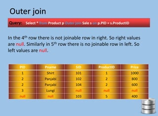 Outer join
Query: Select * from Product p Outer join Sale s on p.PID = s.ProductID
PID Pname SID ProductID Price
1 Shirt 101 1 1000
2 Panjabi 102 2 800
2 Panjabi 104 2 600
3 Lungi null null null
null null 103 5 400
In the 4th row there is not joinable row in right. So right values
are null. Similarly in 5th row there is no joinable row in left. So
left values are null.
 