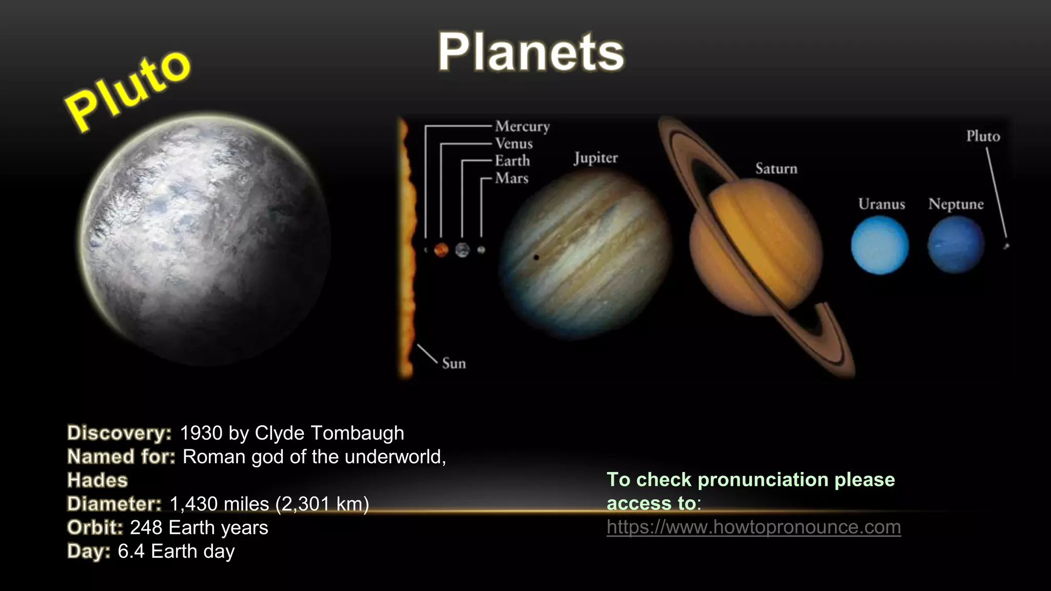 1930 by Clyde Tombaugh
Roman god of the underworld,
1,430 miles (2,301 km)
248 Earth years
6.4 Earth day
To check pronunciation please
access to:
https://www.howtopronounce.com
 