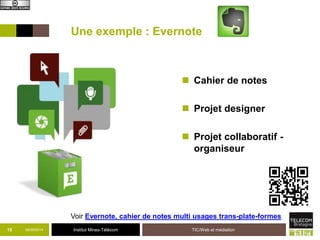 Une exemple : Evernote 
 Cahier de notes 
 Projet designer 
 Projet collaboratif - 
organiseur 
Voir Evernote, cahier de notes multi usages trans-plate-formes 
15 09/09/2014 Institut Mines-Télécom TIC/Web et médiation 
 